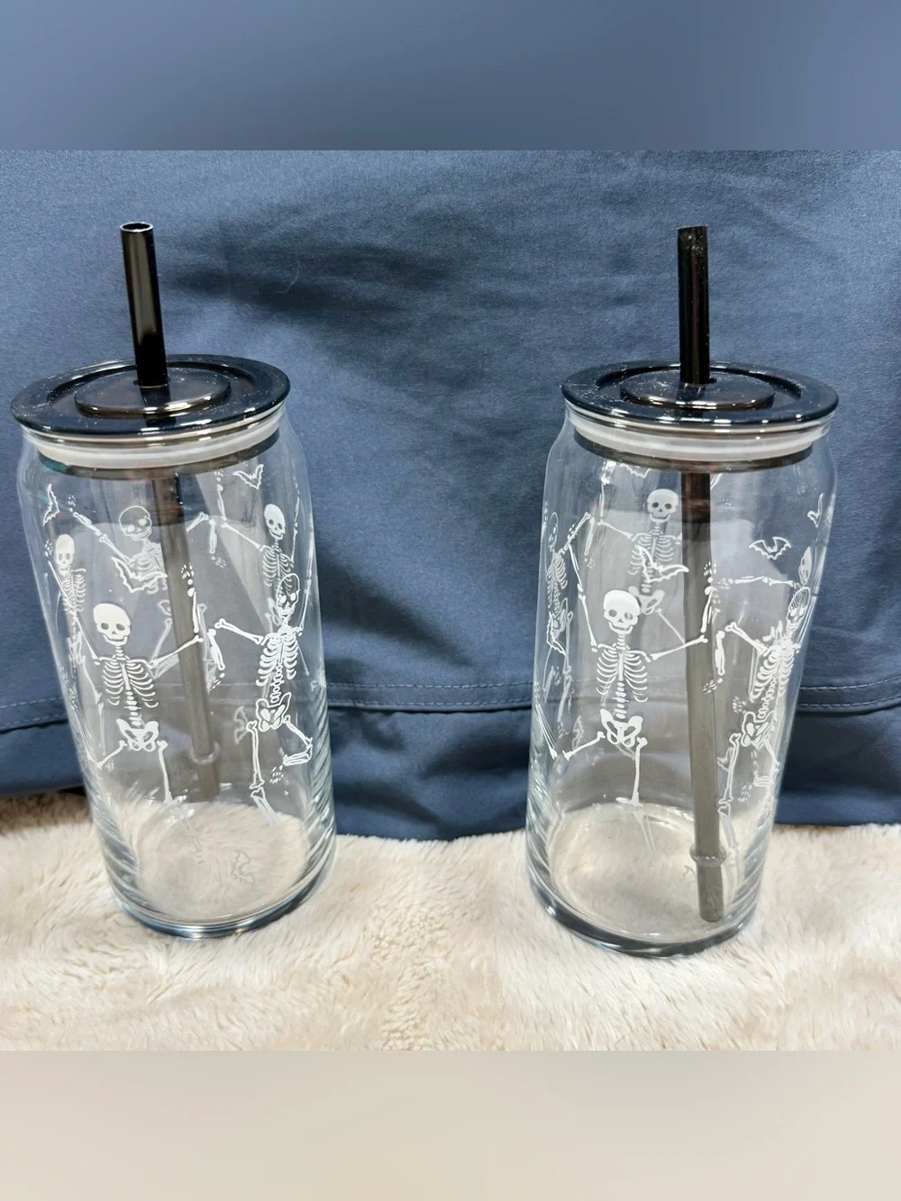 Set of 2 Halloween Dancing Skeleton Glass Can Sipper